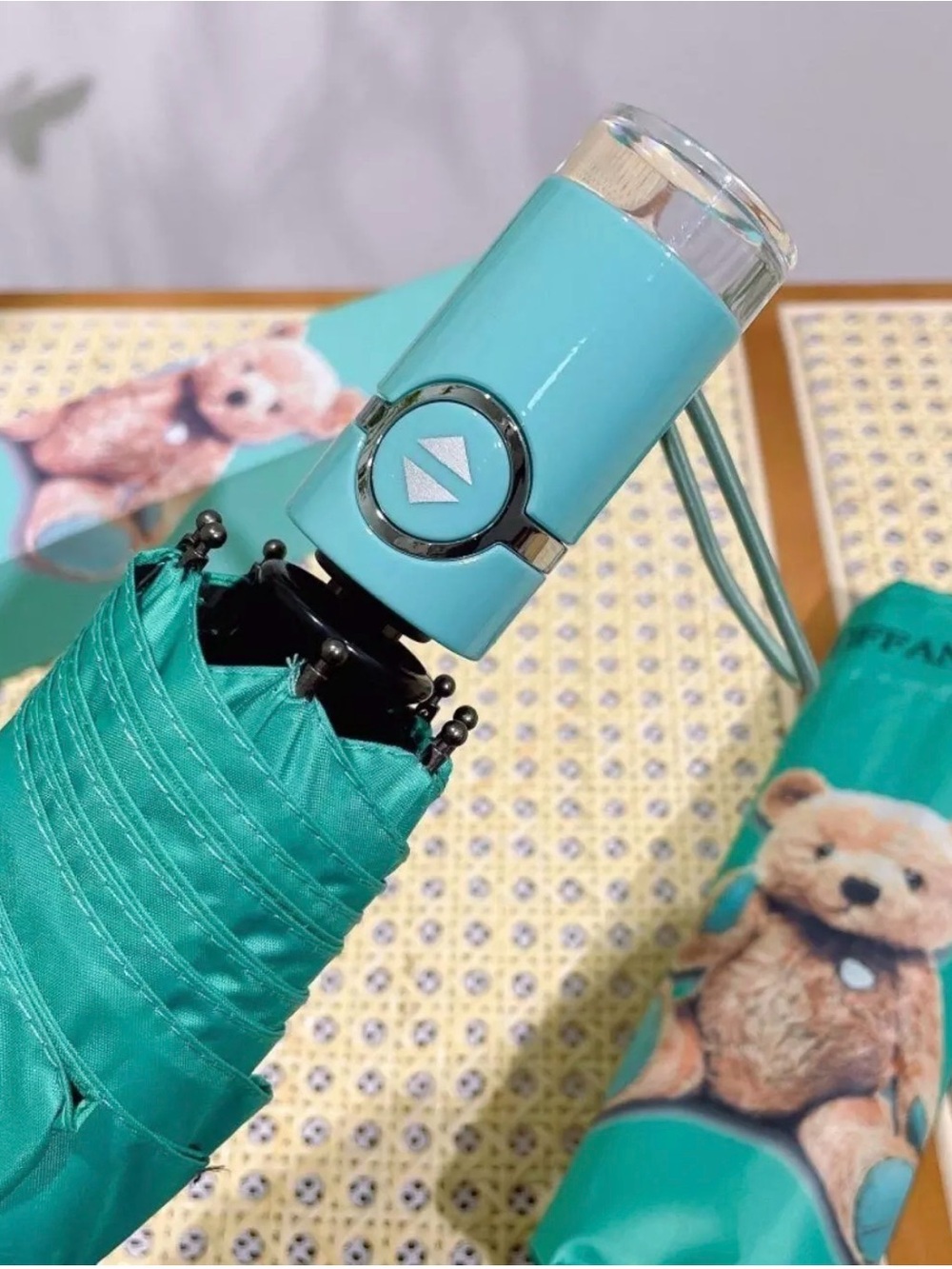 Tiffany & Co. Teal Umbrella with Teddy Bear Motif New in box NO TAG - Picture 3 of 7